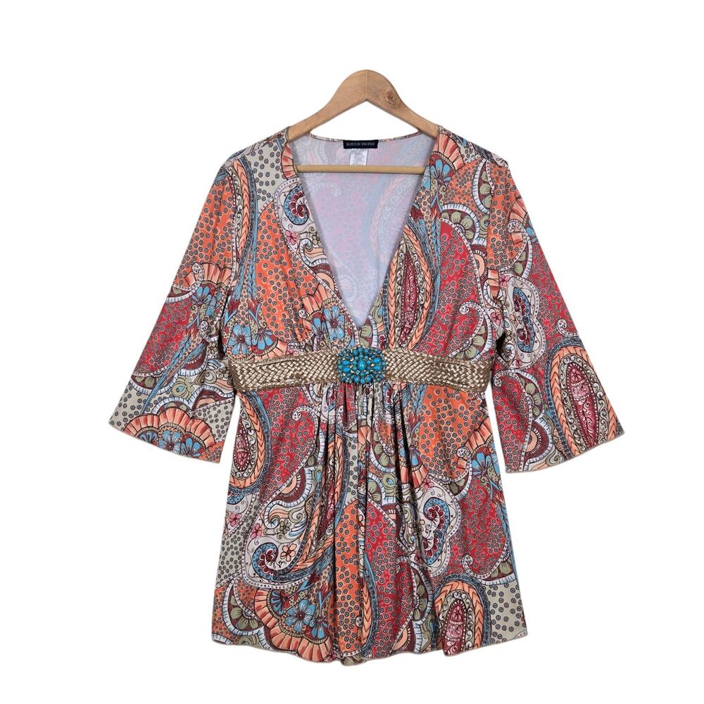 Boston Proper Paisley Tunic Top L Multicolor Turquoise Beaded Boho Festival
